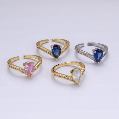 14K Gold Filled Blue Teardrop Micro Paved Chevron Ring in Gold &amp; Silver | O1033