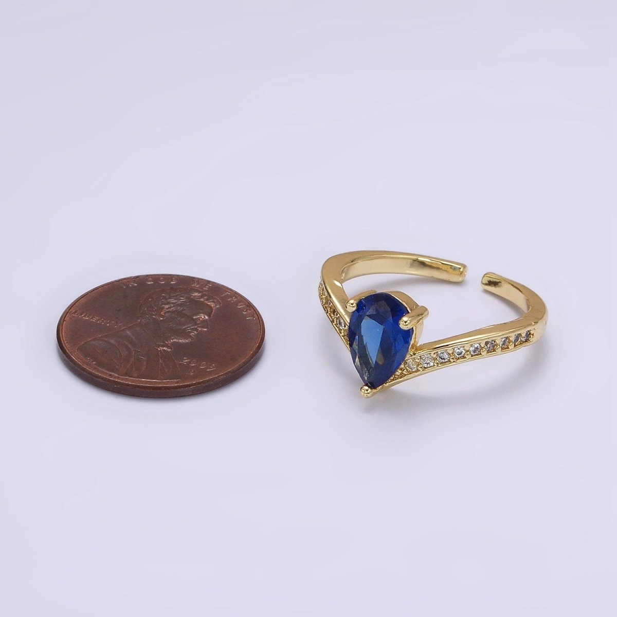 14K Gold Filled Blue Teardrop Micro Paved Chevron Ring in Gold &amp; Silver | O1033