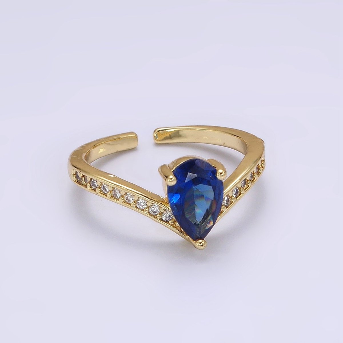14K Gold Filled Blue Teardrop Micro Paved Chevron Ring in Gold &amp; Silver | O1033