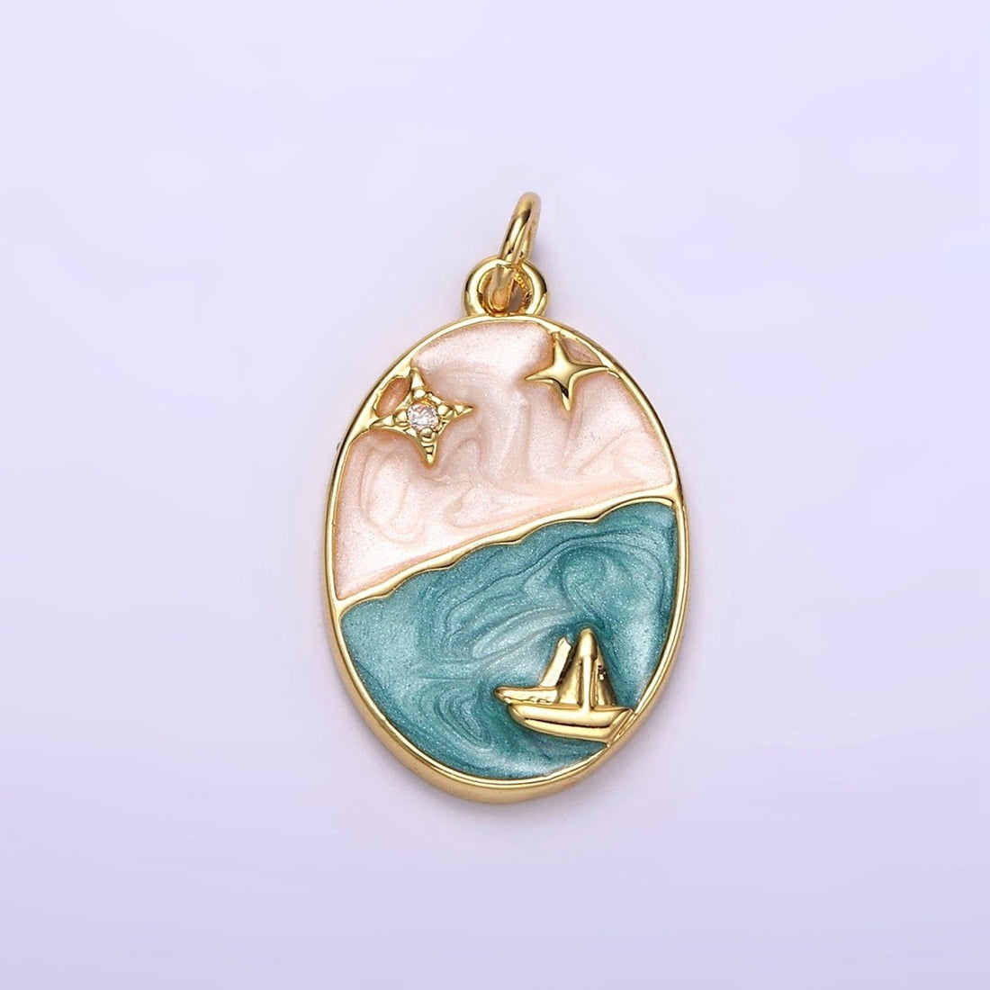 OS 14K Gold Filled Boat Ocean Celestial Star Night Sky Sparkly Enamel Oval Charm | N1150