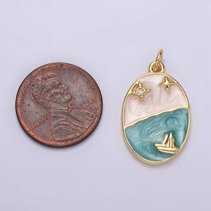 OS 14K Gold Filled Boat Ocean Celestial Star Night Sky Sparkly Enamel Oval Charm | N1150