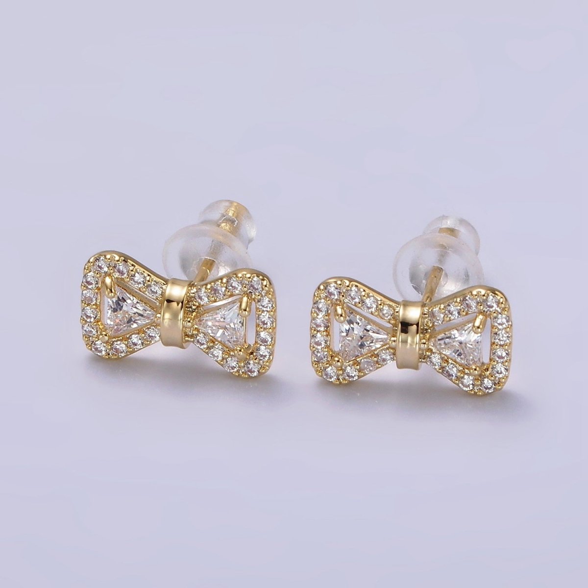 14K Gold Filled Bow Ribbon Micro Paved Stud Earrings in Gold &amp; Silver | V267