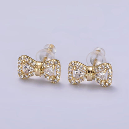 14K Gold Filled Bow Ribbon Micro Paved Stud Earrings in Gold &amp; Silver | V267