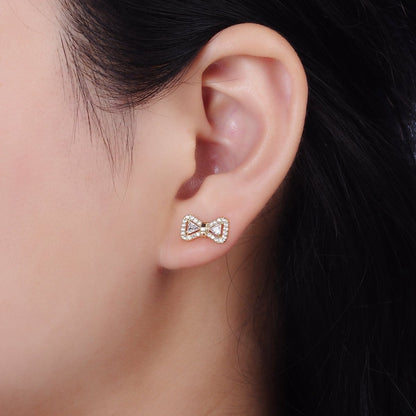 14K Gold Filled Bow Ribbon Micro Paved Stud Earrings in Gold &amp; Silver | V267