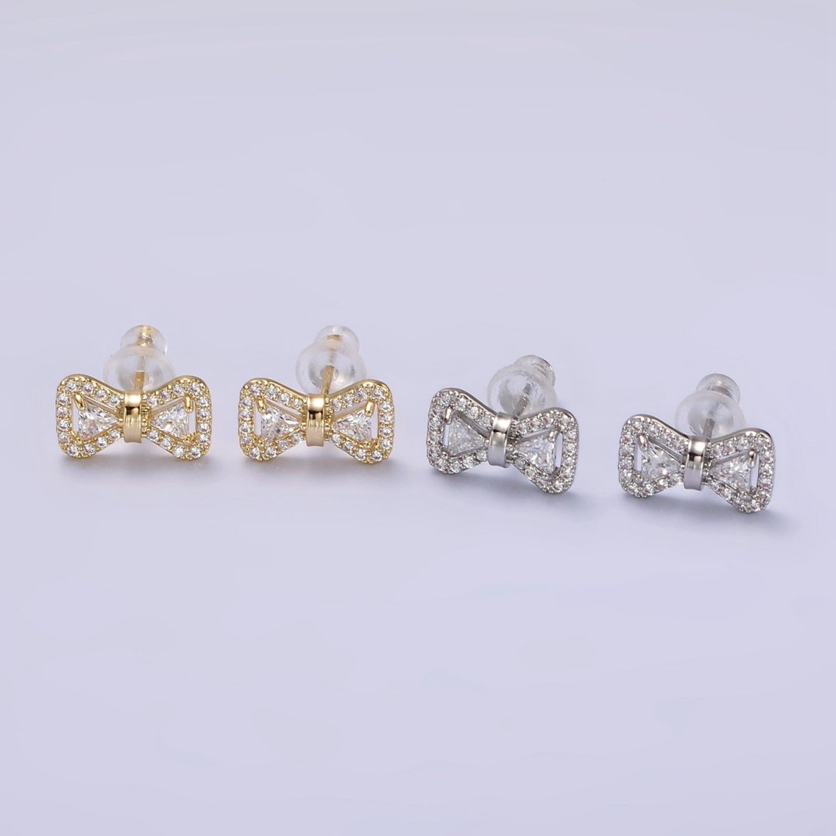14K Gold Filled Bow Ribbon Micro Paved Stud Earrings in Gold &amp; Silver | V267