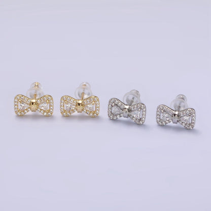 14K Gold Filled Bow Ribbon Micro Paved Stud Earrings in Gold &amp; Silver | V267