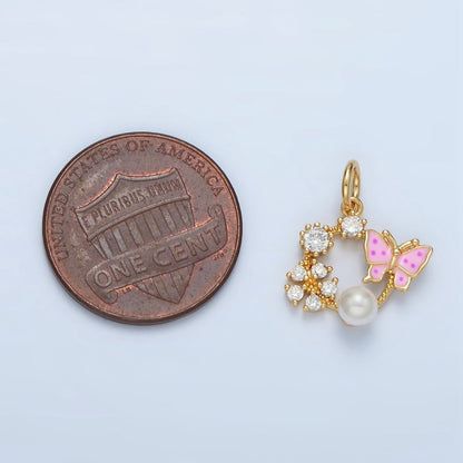 14K Gold Filled Butterfly Enamel CZ Flower Pearl Open Round Charm | AG946