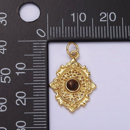14K Gold Filled Carnelian, Agate, Tiger Eye Dot Artisan Oval Charm in Gold &amp; Silver | AC885 - AC890