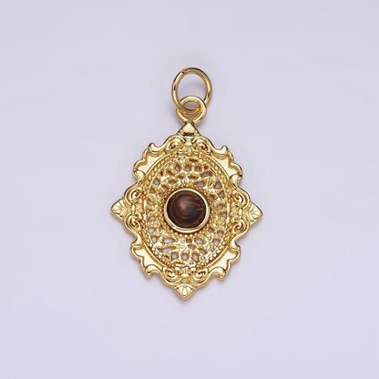 14K Gold Filled Carnelian, Agate, Tiger Eye Dot Artisan Oval Charm in Gold &amp; Silver | AC885 - AC890