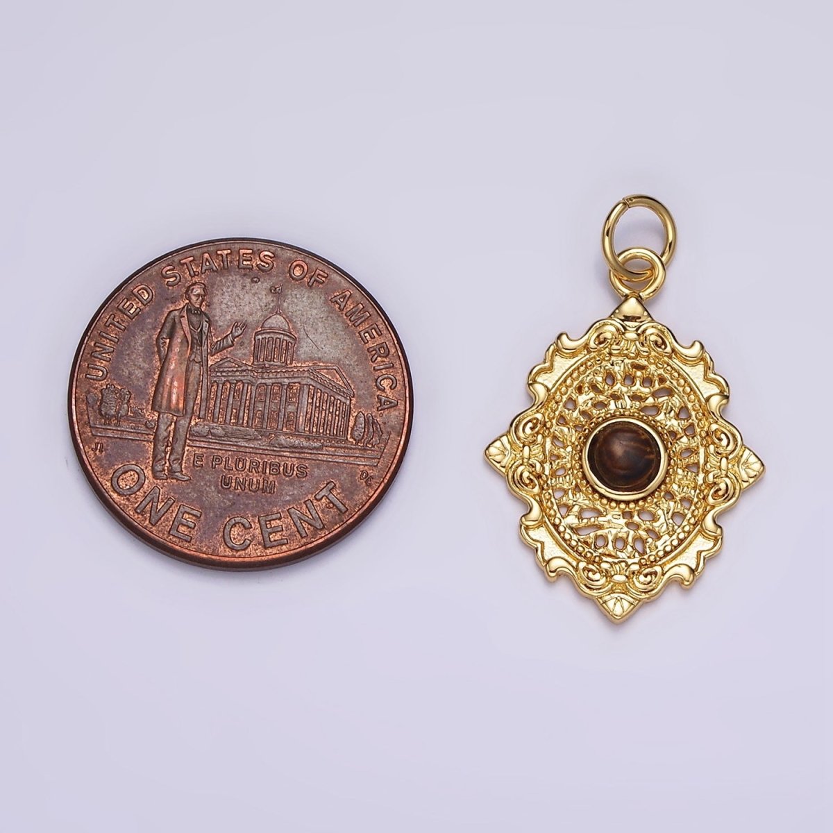14K Gold Filled Carnelian, Agate, Tiger Eye Dot Artisan Oval Charm in Gold &amp; Silver | AC885 - AC890