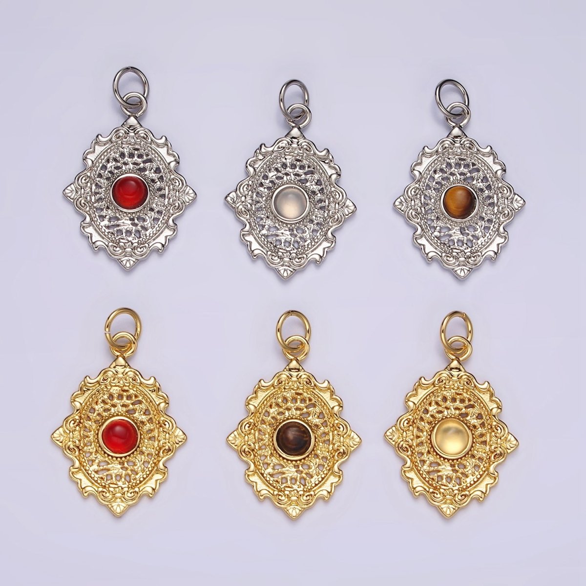 14K Gold Filled Carnelian, Agate, Tiger Eye Dot Artisan Oval Charm in Gold &amp; Silver | AC885 - AC890