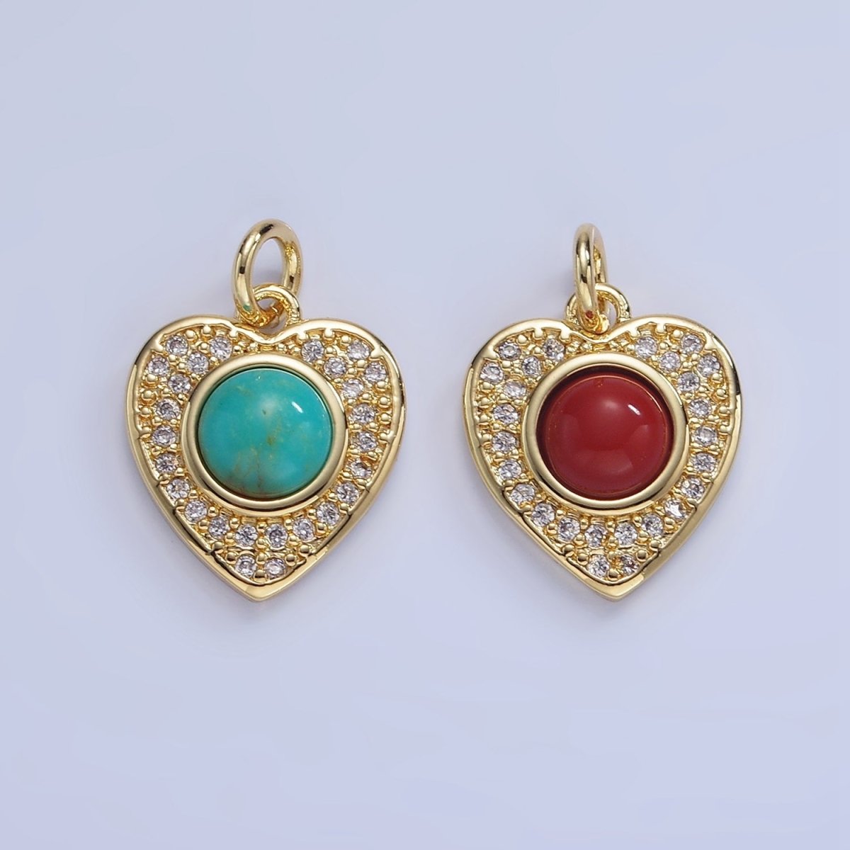 14K Gold Filled Carnelian, Turquoise Round Micro Paved CZ Heart Charm | W498
