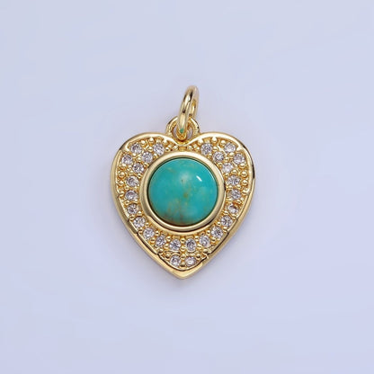 14K Gold Filled Carnelian, Turquoise Round Micro Paved CZ Heart Charm | W498