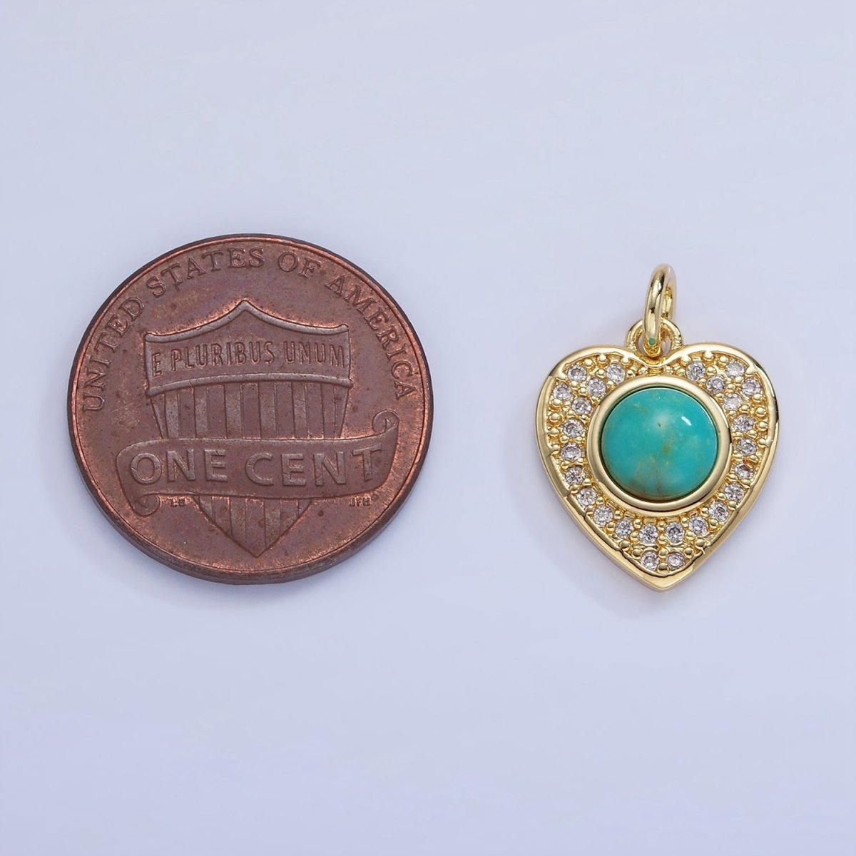 14K Gold Filled Carnelian, Turquoise Round Micro Paved CZ Heart Charm | W498