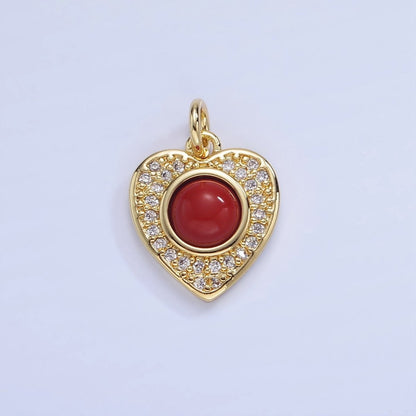 14K Gold Filled Carnelian, Turquoise Round Micro Paved CZ Heart Charm | W498