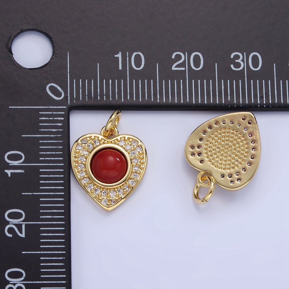 14K Gold Filled Carnelian, Turquoise Round Micro Paved CZ Heart Charm | W498