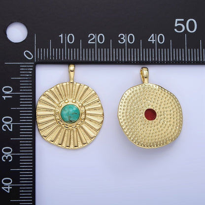 14K Gold Filled Carnelian, Turquoise Sunburst Ray Round Pendant | AA1256