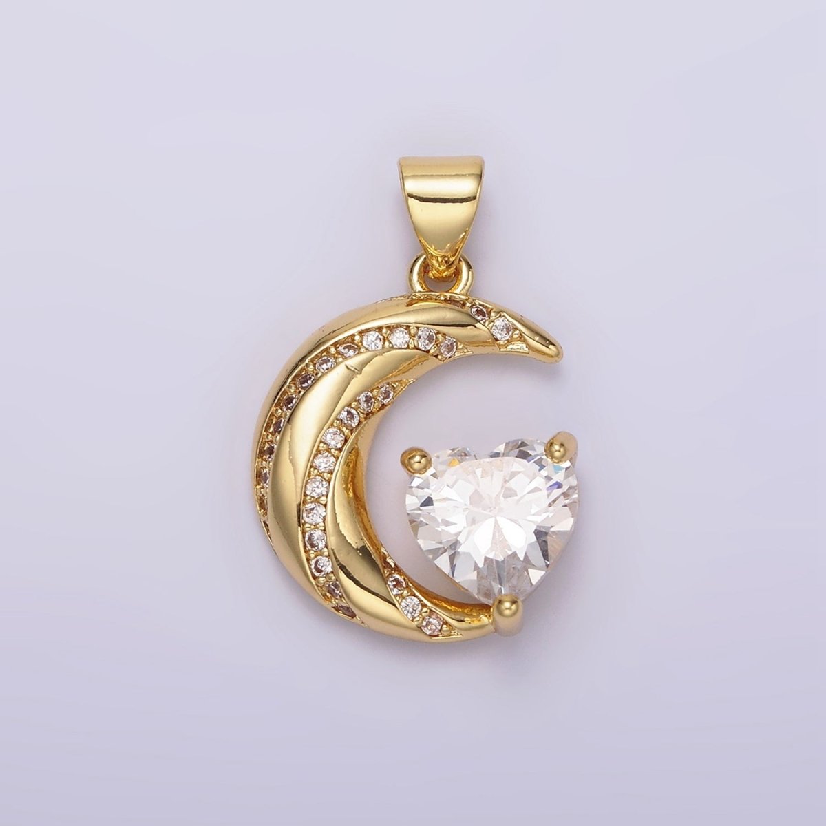 14K Gold Filled Celestial Crescent Moon CZ Lined Clear Heart Pendant in Gold &amp; Silver | N1301 N1302