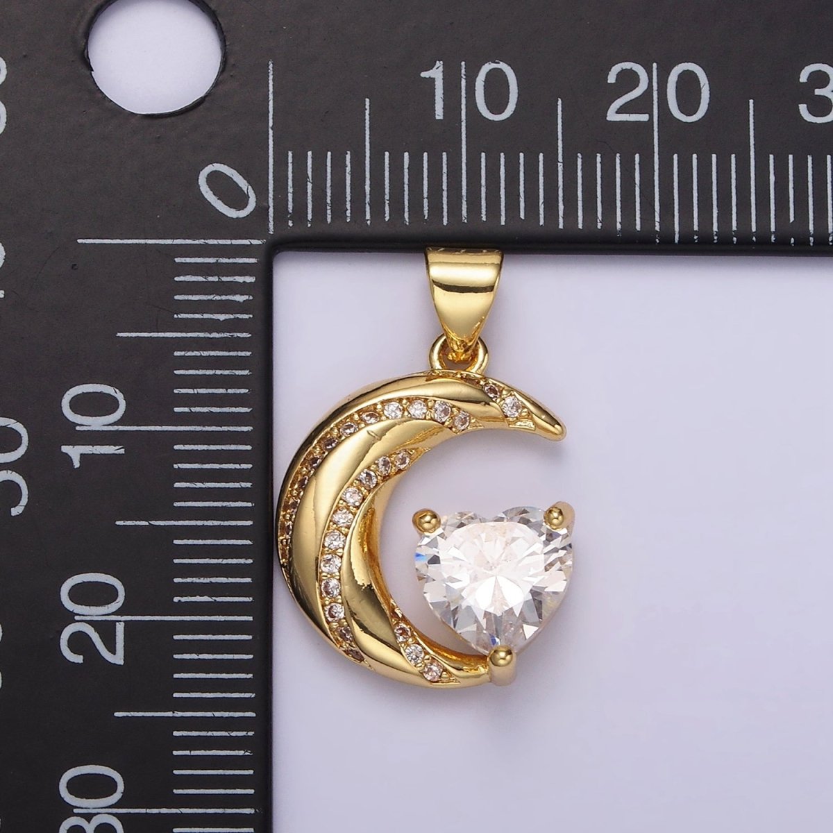 14K Gold Filled Celestial Crescent Moon CZ Lined Clear Heart Pendant in Gold &amp; Silver | N1301 N1302