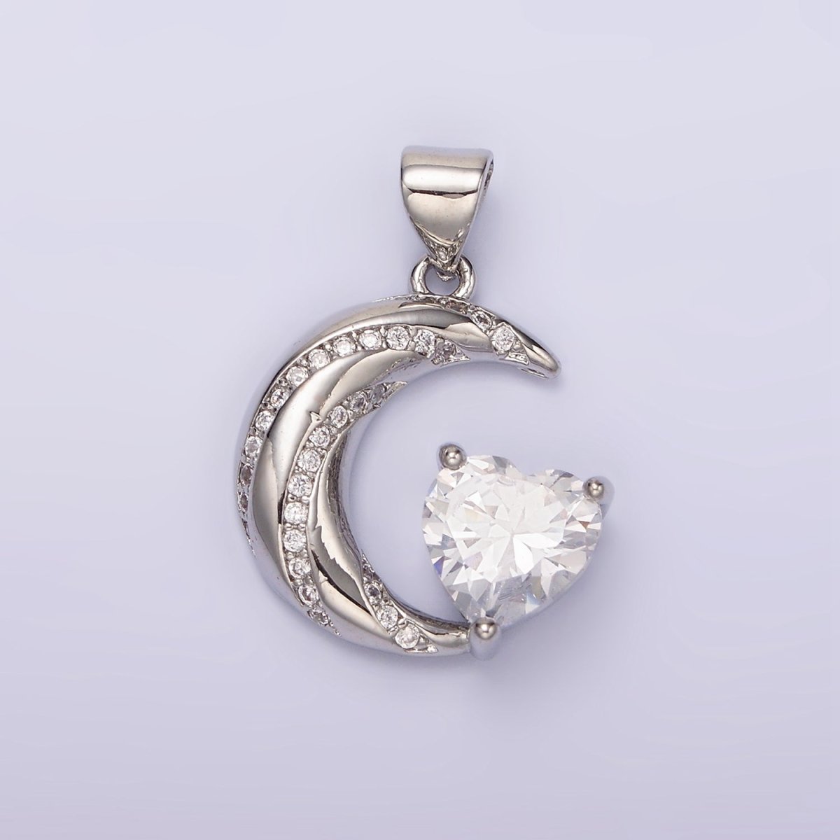 14K Gold Filled Celestial Crescent Moon CZ Lined Clear Heart Pendant in Gold &amp; Silver | N1301 N1302