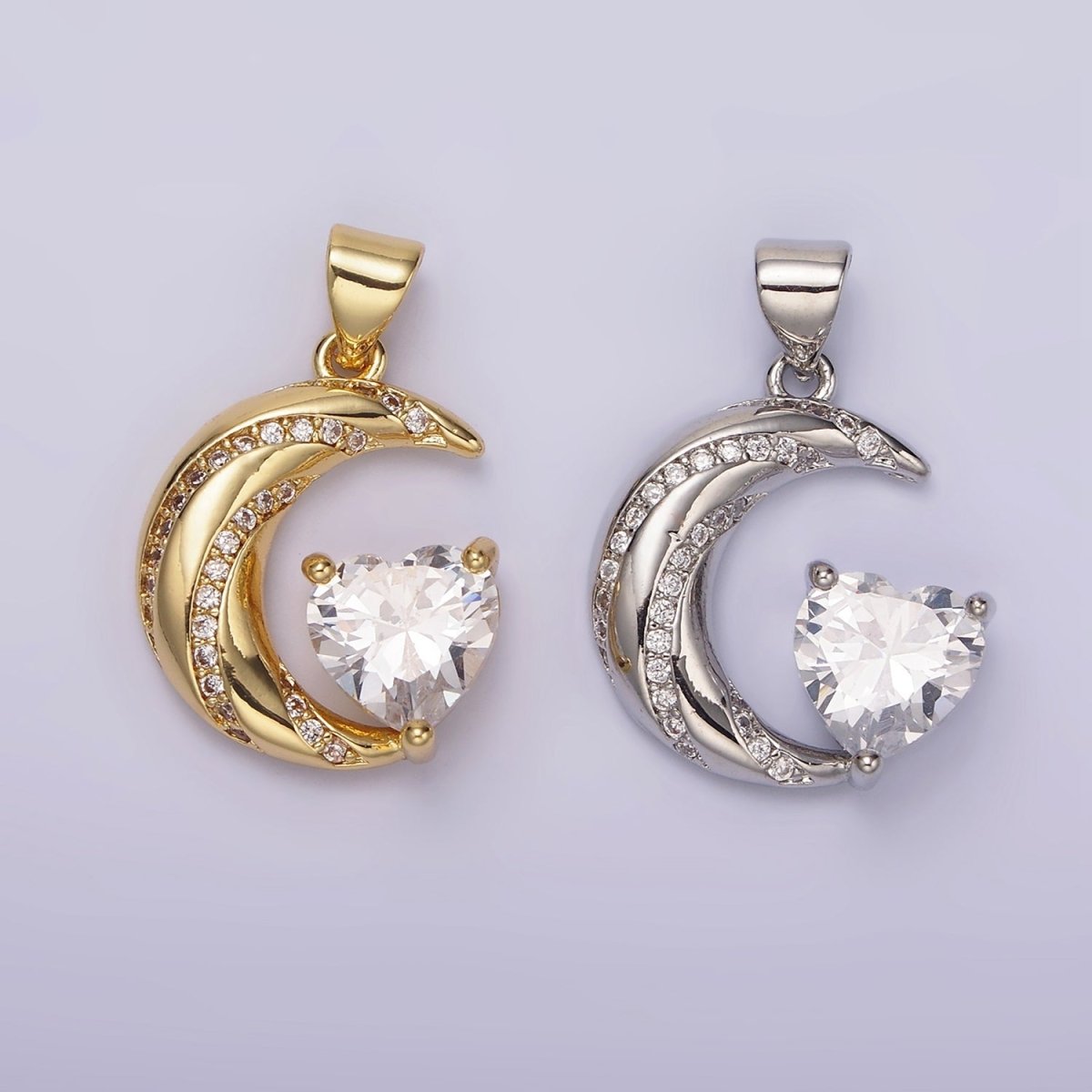 14K Gold Filled Celestial Crescent Moon CZ Lined Clear Heart Pendant in Gold &amp; Silver | N1301 N1302