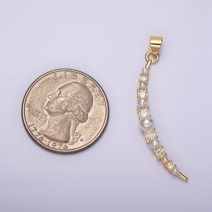 14K Gold Filled Celestial Crescent Moon Pearl CZ Curved Lined Pendant | N1952