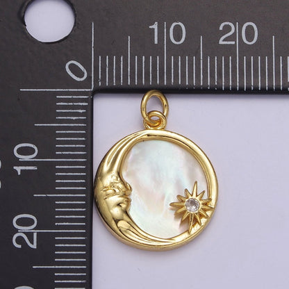 14K Gold Filled Celestial Crescent Moon Star Mother of Pearl Round Charm  E-656