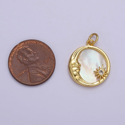 14K Gold Filled Celestial Crescent Moon Star Mother of Pearl Round Charm  E-656