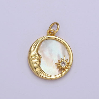 14K Gold Filled Celestial Crescent Moon Star Mother of Pearl Round Charm  E-656