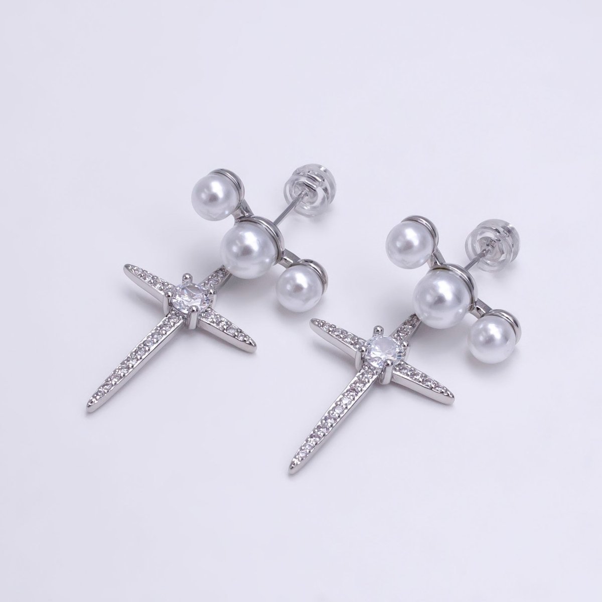 14K Gold Filled Celestial North Star Micro Paved CZ Triple Pearl Stud Earrings in Gold &amp; Silver | AE-1041 AE-926