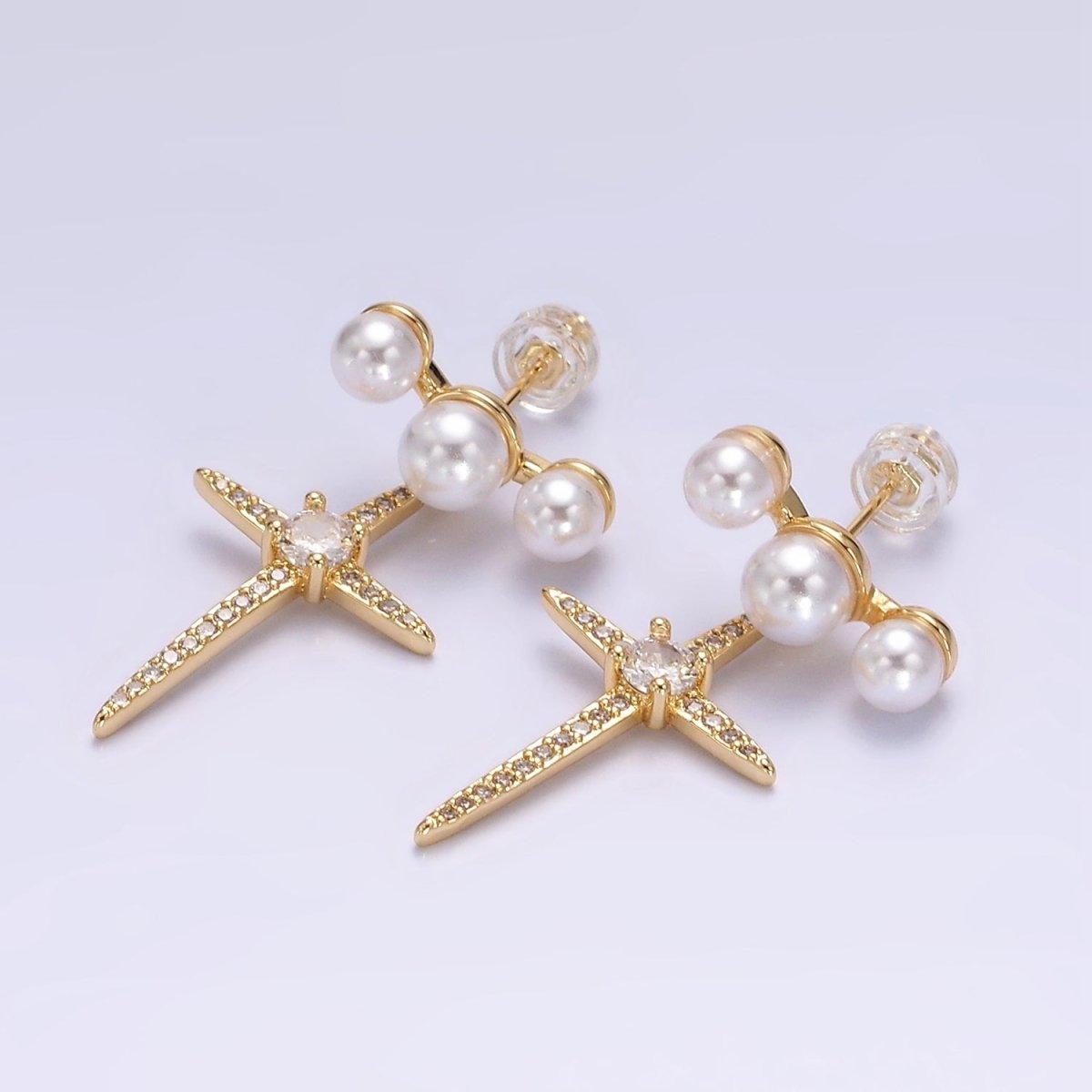 14K Gold Filled Celestial North Star Micro Paved CZ Triple Pearl Stud Earrings in Gold &amp; Silver | AE-1041 AE-926