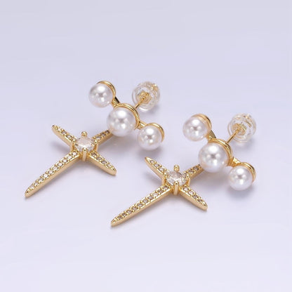14K Gold Filled Celestial North Star Micro Paved CZ Triple Pearl Stud Earrings in Gold &amp; Silver | AE-1041 AE-926