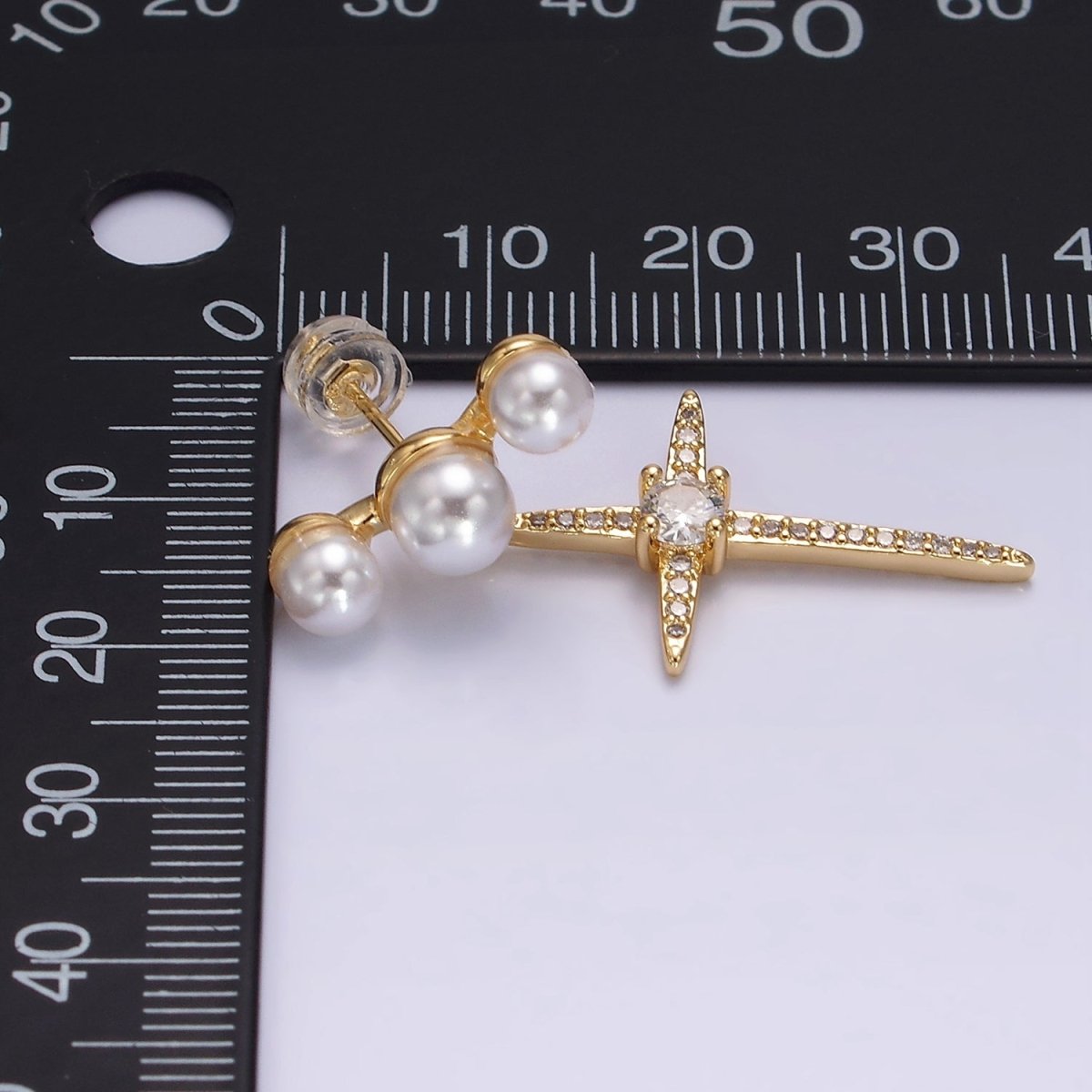 14K Gold Filled Celestial North Star Micro Paved CZ Triple Pearl Stud Earrings in Gold &amp; Silver | AE-1041 AE-926