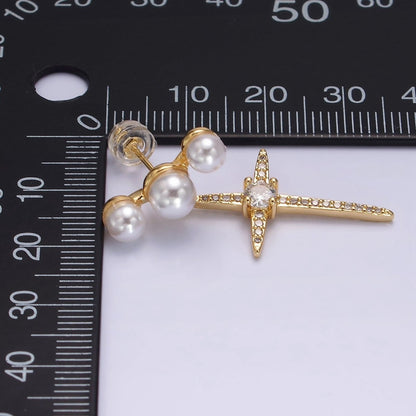 14K Gold Filled Celestial North Star Micro Paved CZ Triple Pearl Stud Earrings in Gold &amp; Silver | AE-1041 AE-926