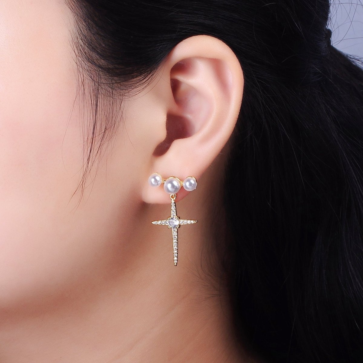 14K Gold Filled Celestial North Star Micro Paved CZ Triple Pearl Stud Earrings in Gold &amp; Silver | AE-1041 AE-926