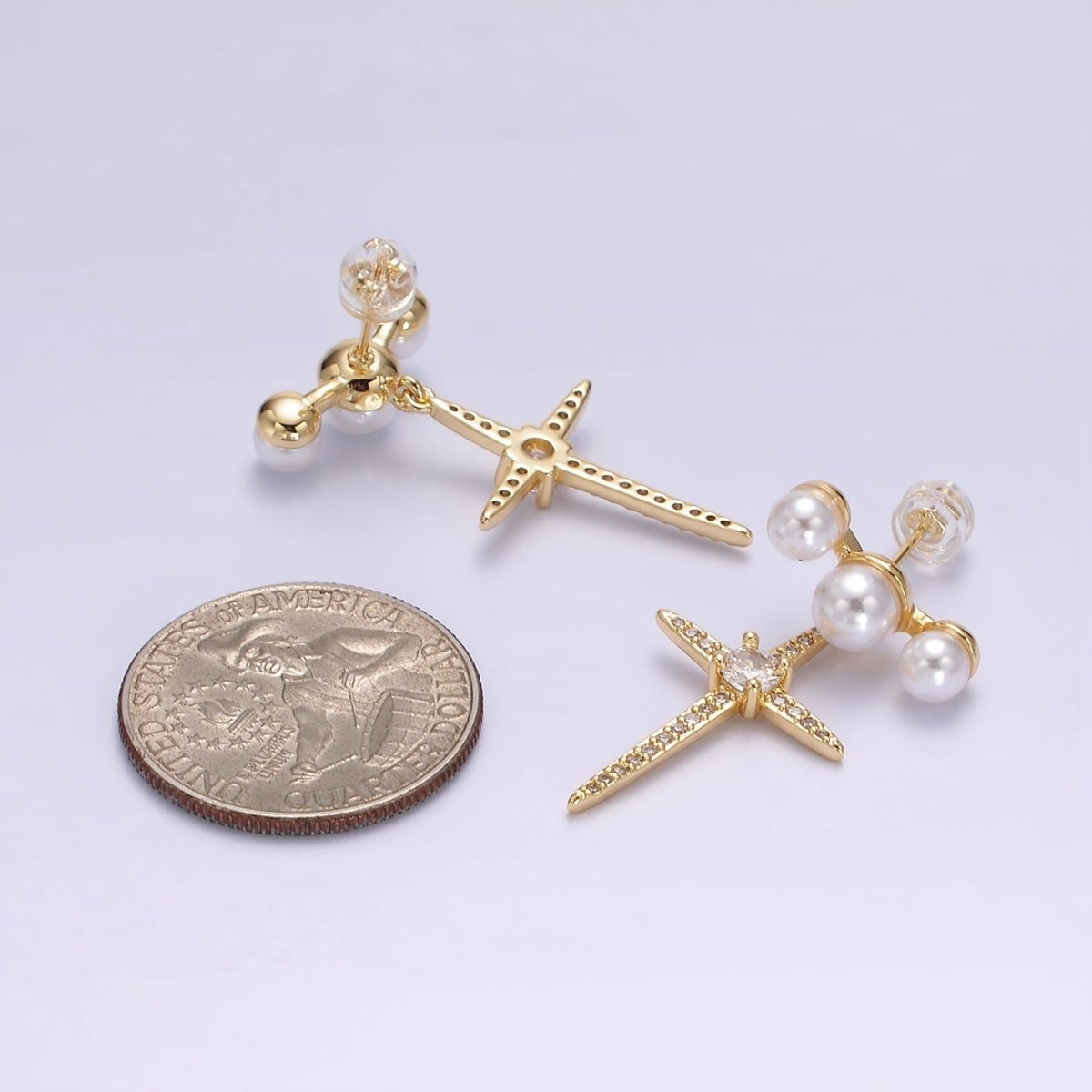 14K Gold Filled Celestial North Star Micro Paved CZ Triple Pearl Stud Earrings in Gold &amp; Silver | AE-1041 AE-926