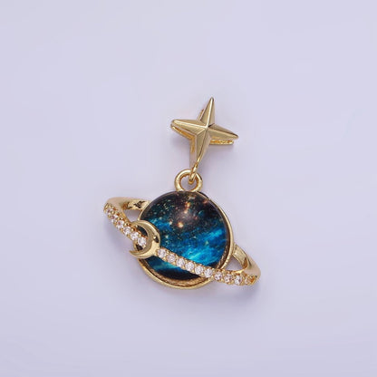 14K Gold Filled Celestial Saturn Planet Micro Paved CZ Star Bail Pendant | AA1186