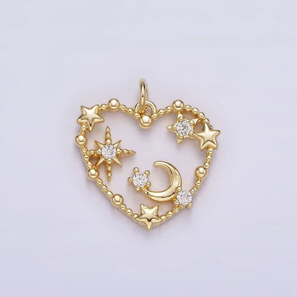 14K Gold Filled Celestial Star Crescent Moon CZ Dotted Open Heart Charm | AG419