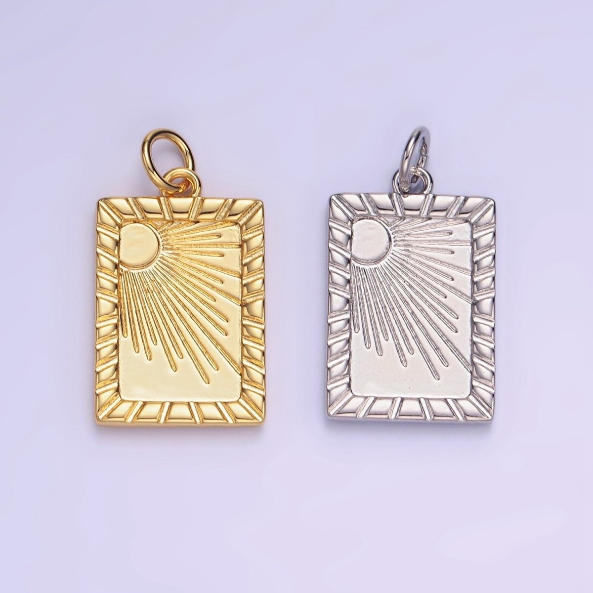 14K Gold Filled Celestial Sun Ray Lined Tag Charm in Gold &amp; Silver | W563