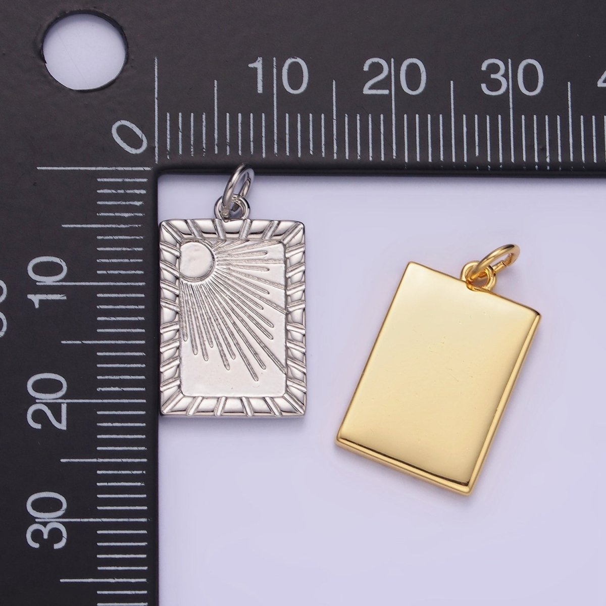 14K Gold Filled Celestial Sun Ray Lined Tag Charm in Gold &amp; Silver | W563