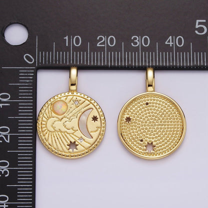 14K Gold Filled Celestial Sun Shell Pearl Crescent Moon CZ Open Star White Opal Round Charm | AH035