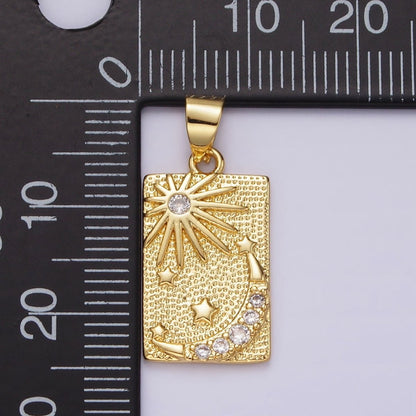 14K Gold Filled Celestial Sun Stars Crescent Moon CZ Micro Paved Dotted Rectangular Tag Pendant | N1921