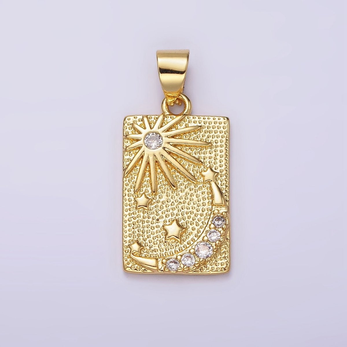 14K Gold Filled Celestial Sun Stars Crescent Moon CZ Micro Paved Dotted Rectangular Tag Pendant | N1921