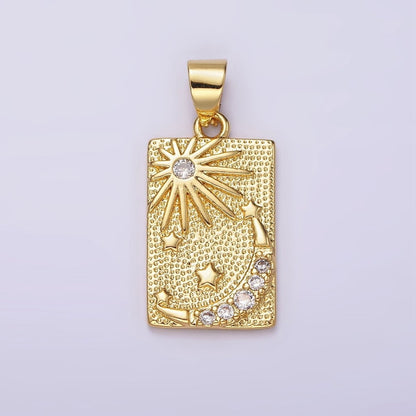 14K Gold Filled Celestial Sun Stars Crescent Moon CZ Micro Paved Dotted Rectangular Tag Pendant | N1921