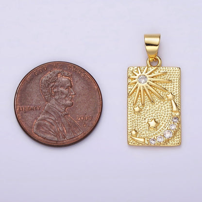 14K Gold Filled Celestial Sun Stars Crescent Moon CZ Micro Paved Dotted Rectangular Tag Pendant | N1921
