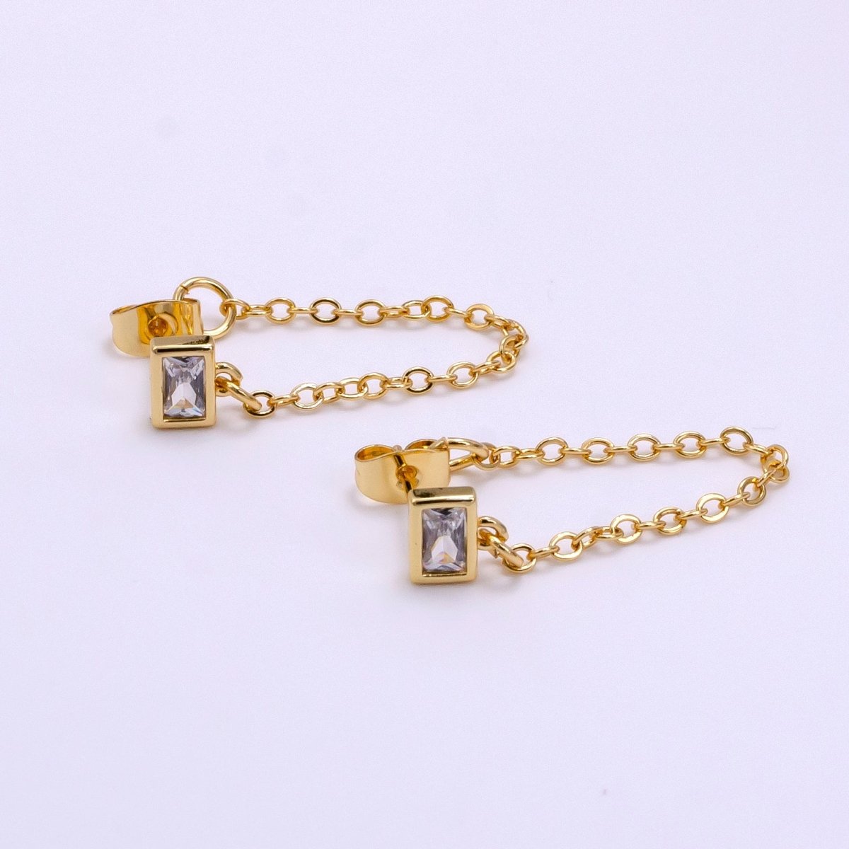 14K Gold Filled Clear Baguette CZ Cable Chain Minimalist Drop Stud | Earrings-00241