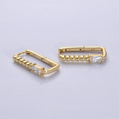 14K Gold Filled Clear Baguette CZ Round Beaded Oblong Hoop Earrings | AE587