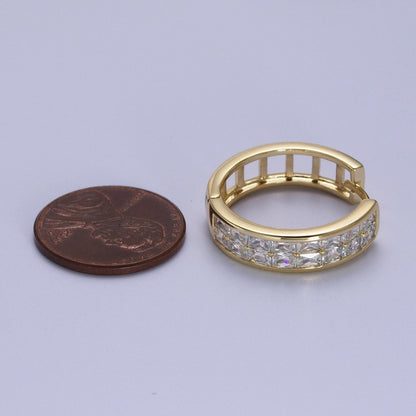 14K Gold Filled Clear Baguette Lined 22mm, 15mm Huggie Hoop Earrings | V-023 V-028