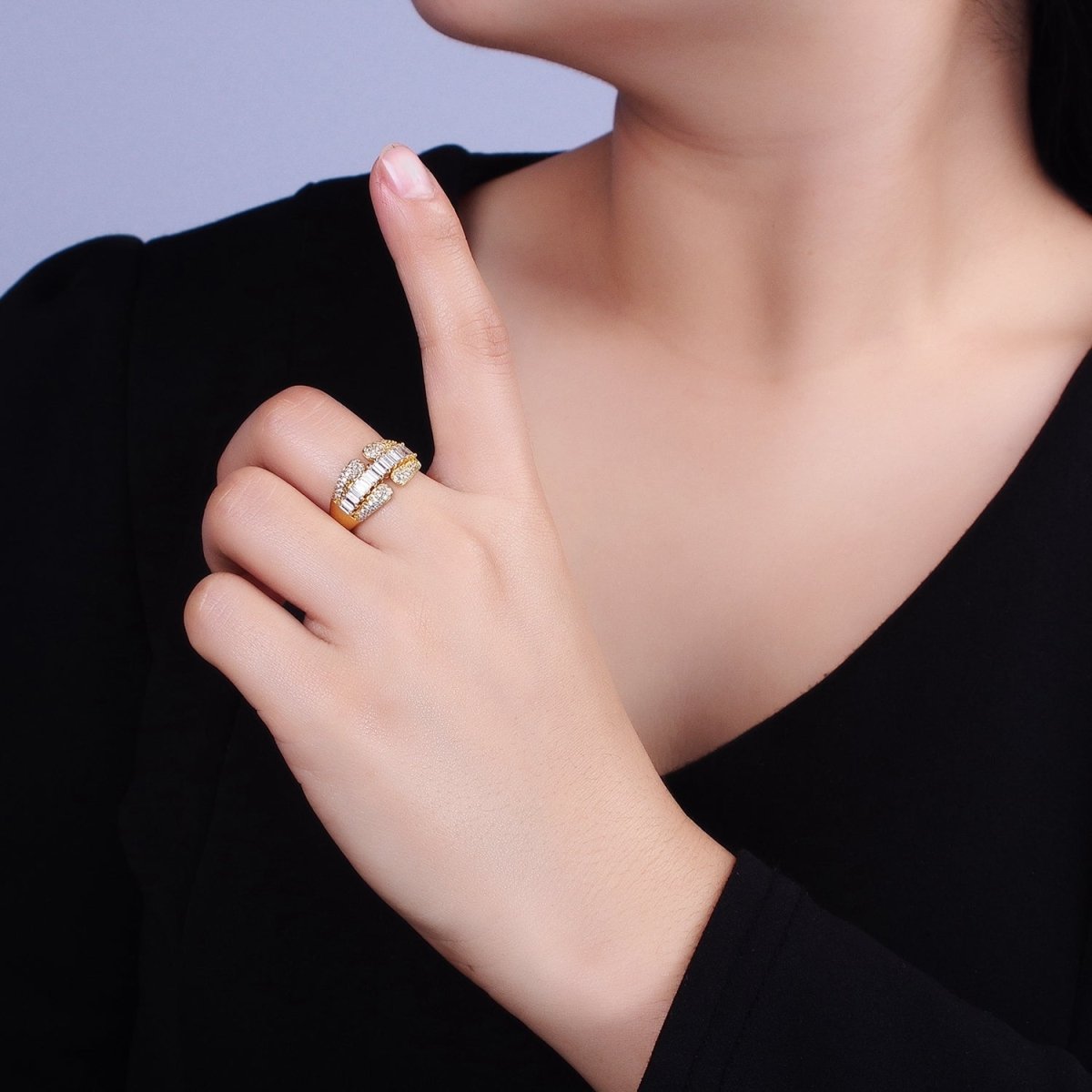 14K Gold Filled Clear Baguette Micro Paved CZ Claw Ring in Gold &amp; Silver | O-1557 O-1558