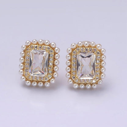 14K Gold Filled Clear Baguette Micro Paved CZ Pearl Lined Stud Earrings | V282